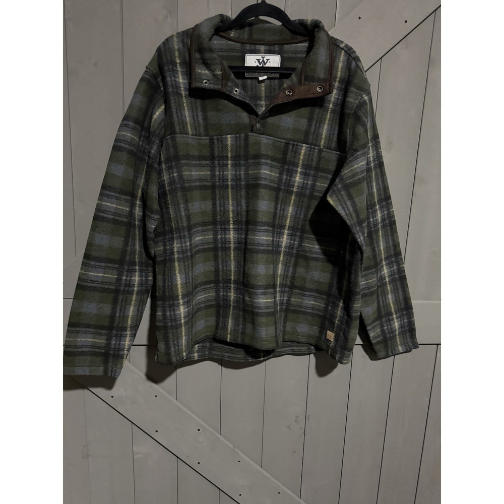 John Wayne Plaid Snap Pullover Jacket Stand-Up Collar Green Gray Yellow Men's L